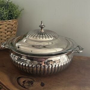 Vintage Silverplate Large Casserole Dish w Lid handles Pyrex Glass Insert